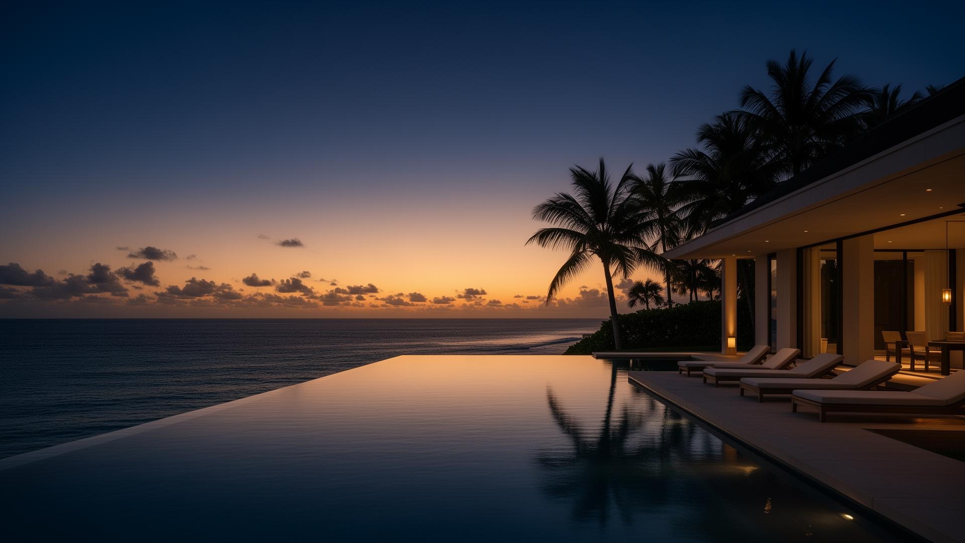 Luxury beachfront resort villa at dusk